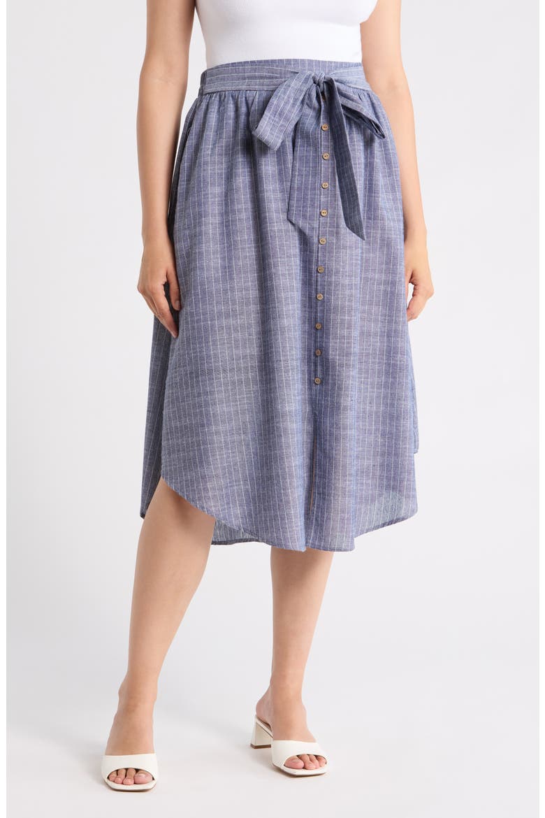 Stripe Linen & Cotton Curve Hem Skirt, Main, color, DENIM