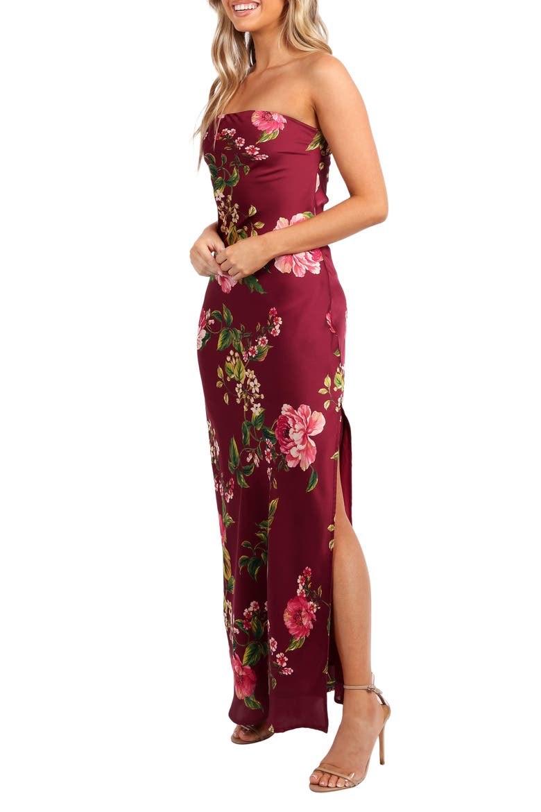 Bryden Strapless Satin Maxi Dress, Alternate, color, BURGUNDY FLORAL