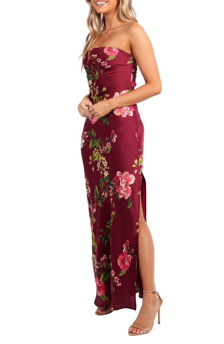 Petal & Pup Bryden Strapless Satin Maxi Dress, Alternate, color, Burgundy Floral