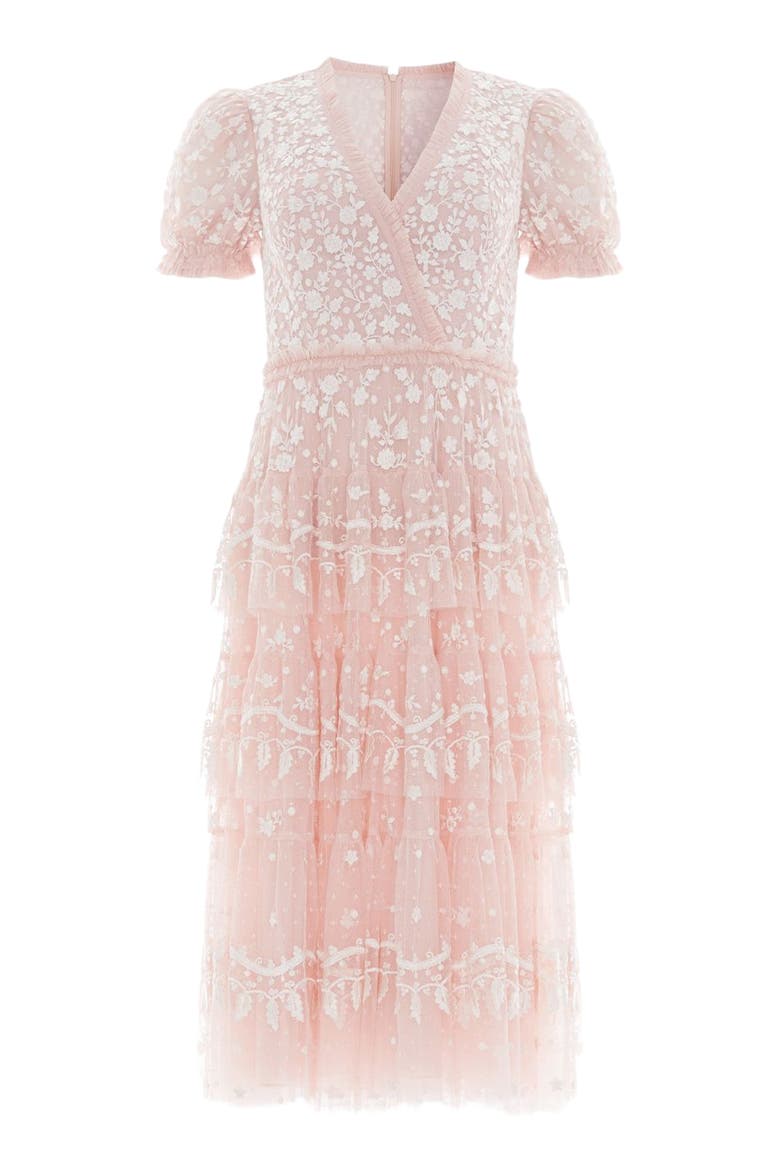 Layered Lace V-Neck Midi Dress, Alternate, color, Dusk Pink/ Cream