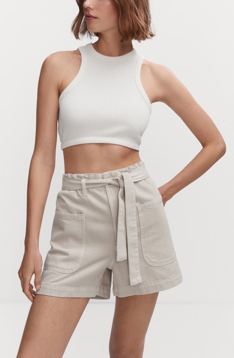 MANGO Belted Paperbag Waist Denim Shorts, Alternate, color, 