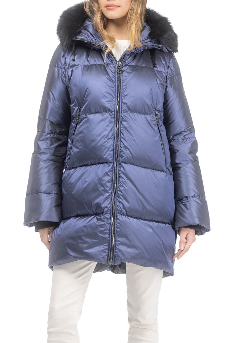 Apres-Ski Horizontal Jacket With Detachable Genuine Shearling Hood Trim, Main, color, OCEAN BLUE/BLACK