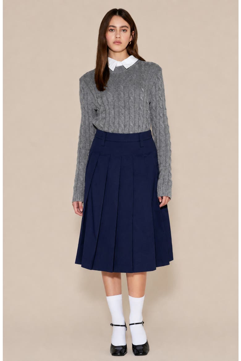 Pleated Cotton Midi Skirt, Alternate, color, NAVY
