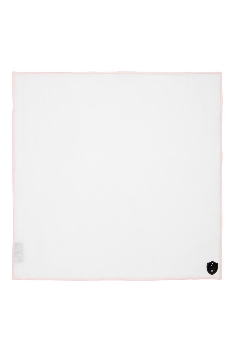 White Linen Pocket Square with Pink Trim, Alternate, color, PINK