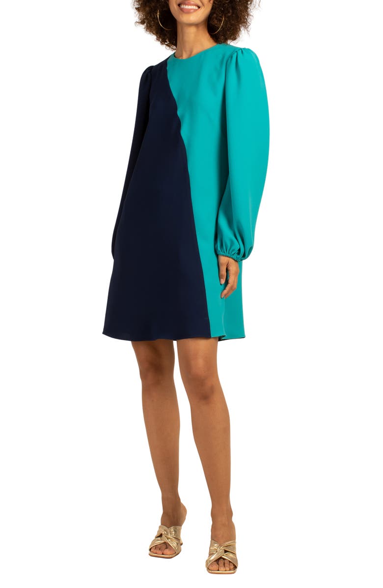 Trina Turk Echo Long Sleeve Colorblock Shift Dress, Alternate, color, Atlas Teal/ Ink