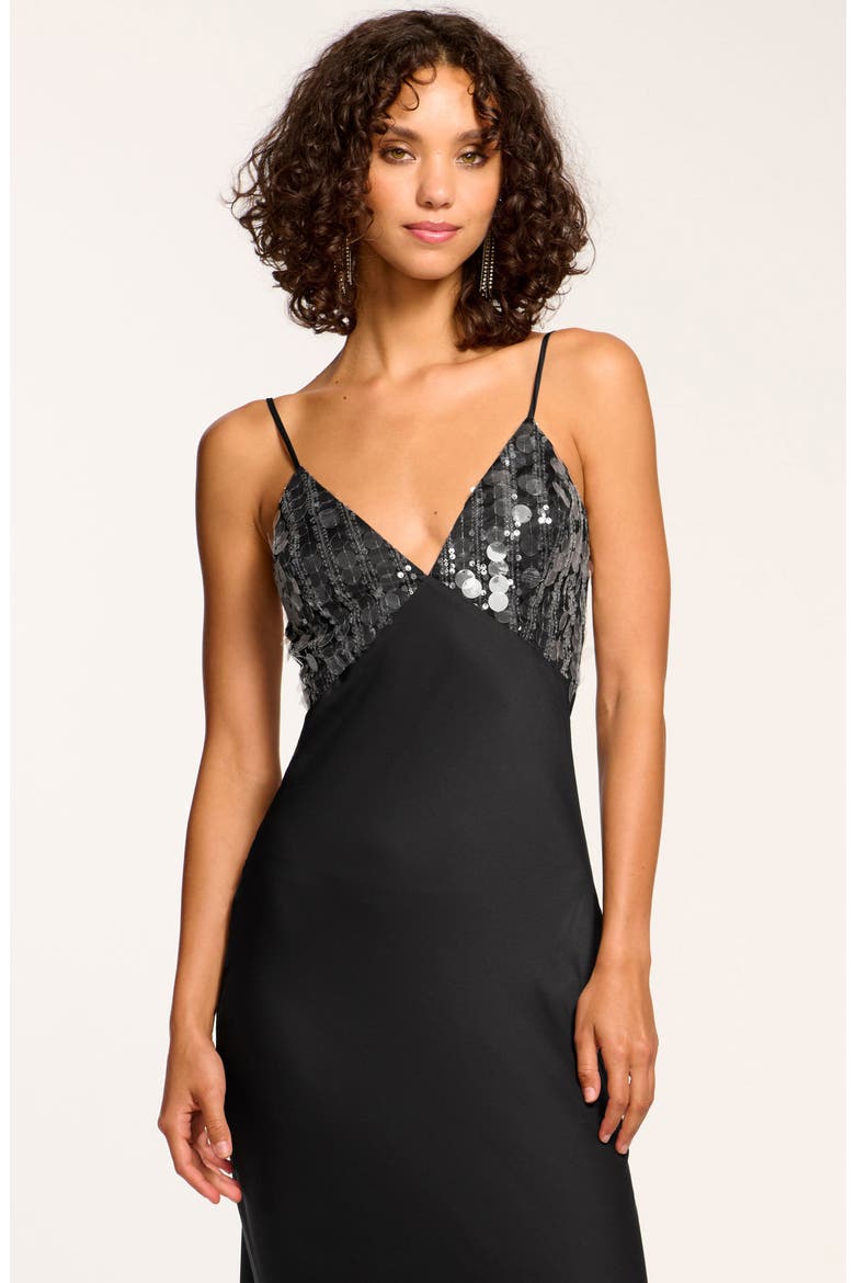 Nadiene Paillette Embellished Satin Slipdress, Alternate, color, BLACK