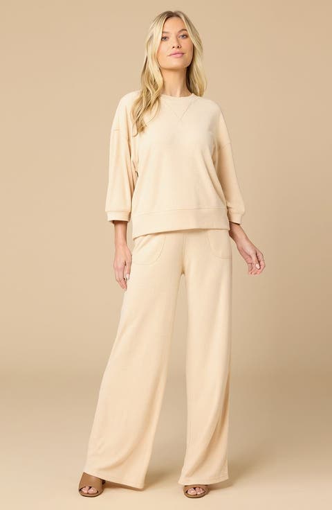 Terry Cropped Sleeve Crew Neck with Wide Leg Pant