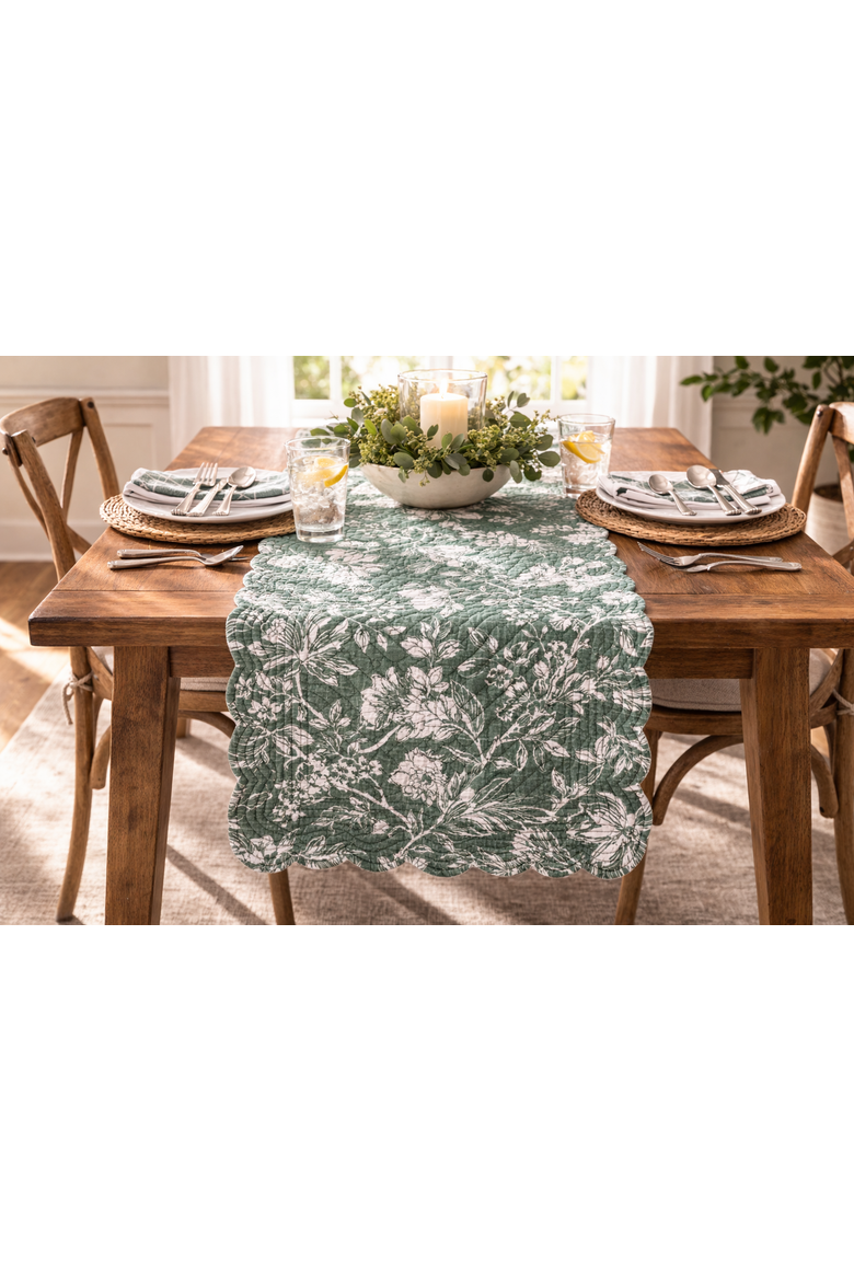 Everview Sage Botanical Quilted Table Runner 14" x 51", Alternate, color, White