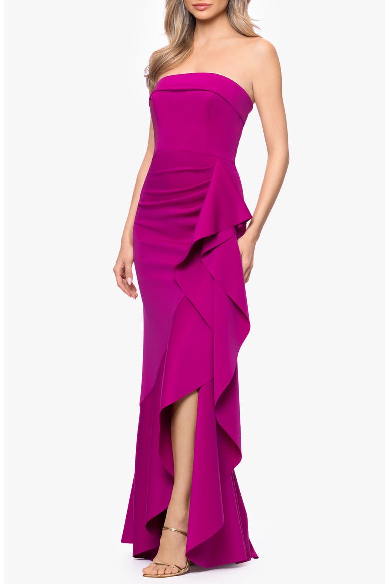 Cascade Ruffle Strapless Scuba Crepe Gown, Alternate, color, ORCHID