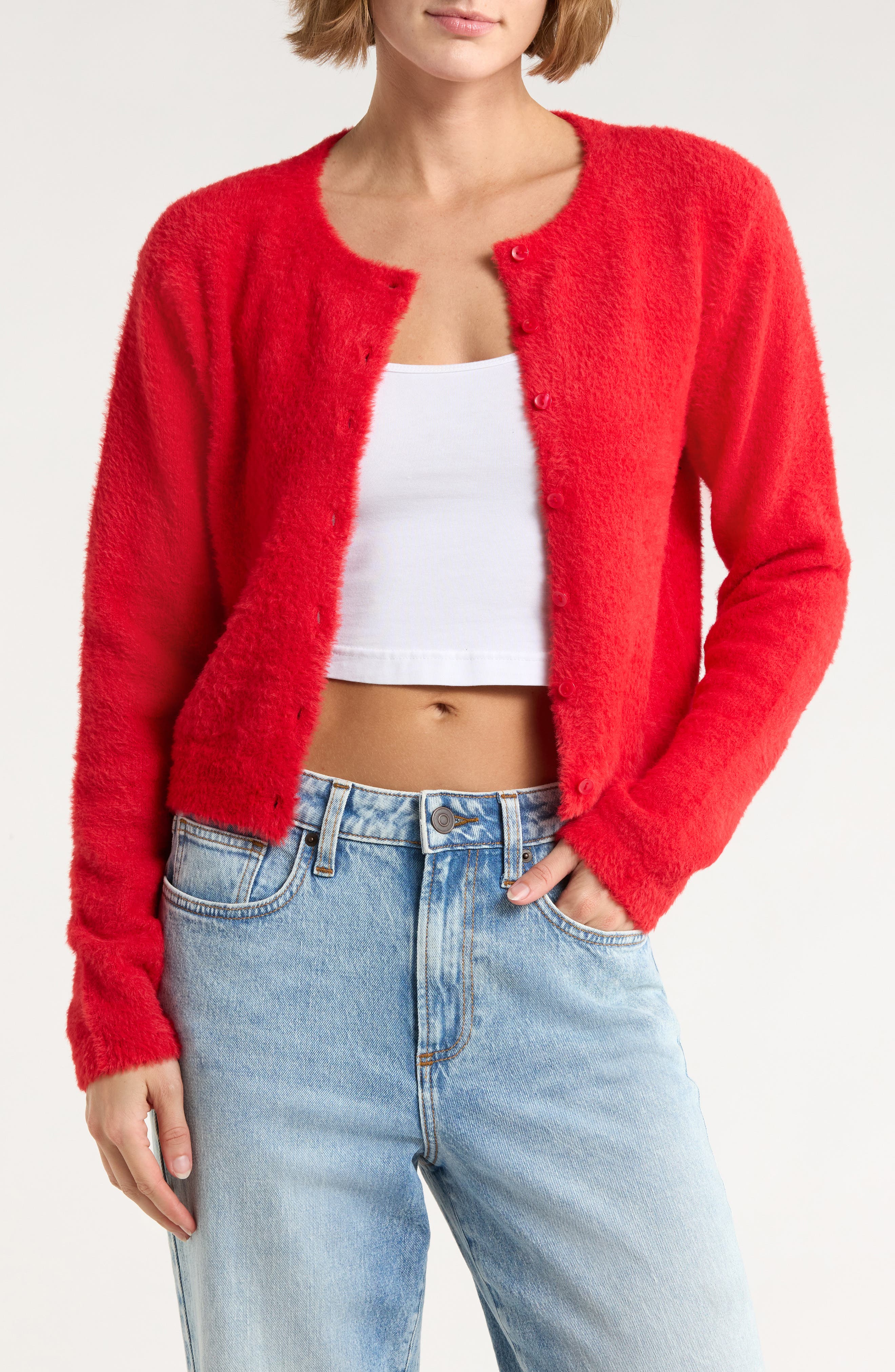 Abound Eyelash Knit Cardigan In Red