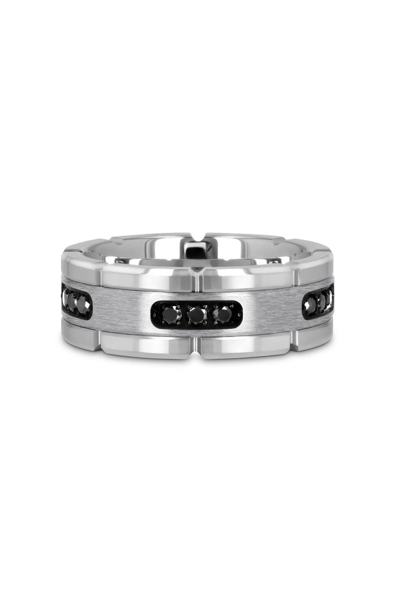 Valor Grooved Tungsten Wedding Band With Inlay and Diamonds, Alternate, color, Silver / Black 8mm