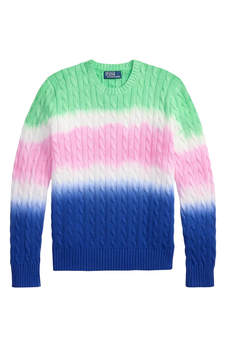 Polo Ralph Lauren Dip Dye Cable Stitch Cotton Crewneck Sweater, Alternate, color, Green Multi