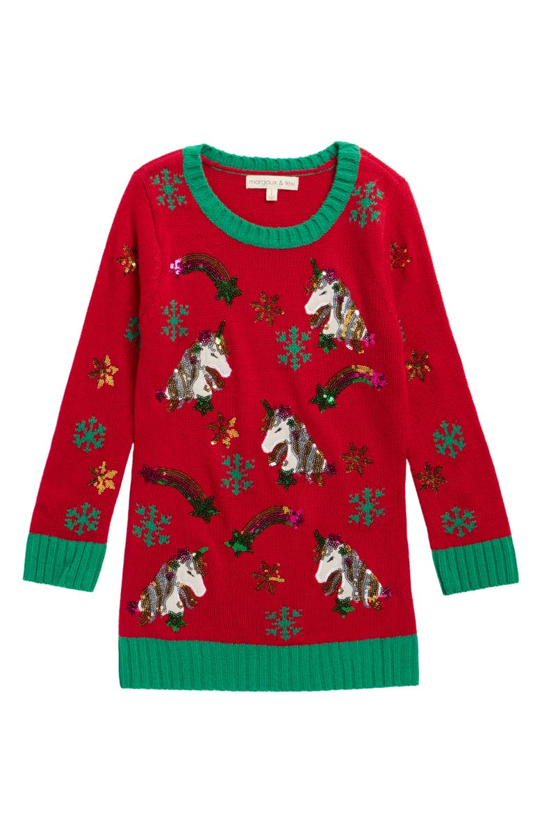 MARGAUX AND LEXI Kids' Sequin Unicorn Tunic Sweater, Main, color, Red