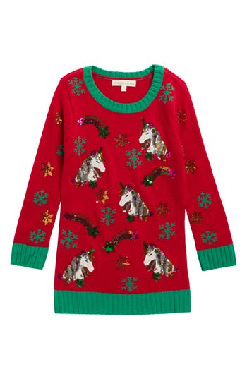 Margaux And Lexi Kids' Sequin Unicorn Tunic Sweater In Red