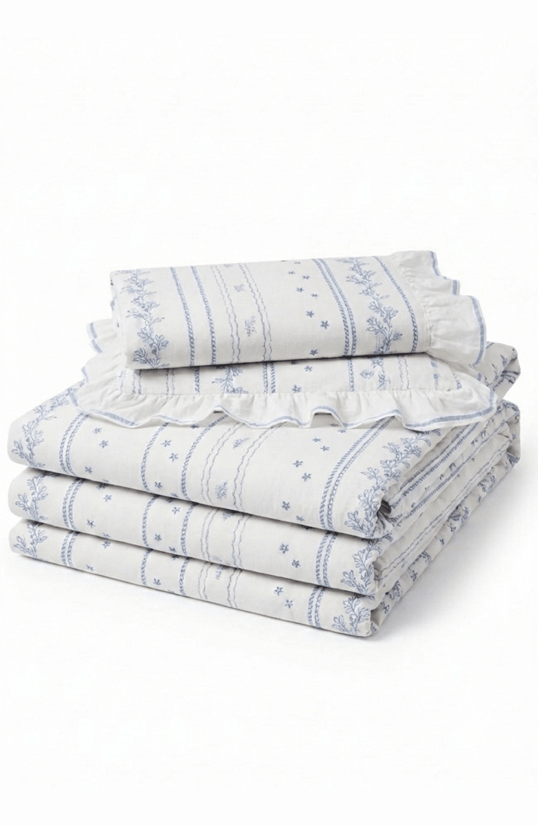 Ever Lasting Embroidered French Lace Ruffle Bedding Set, Main, color, Blue / Flat