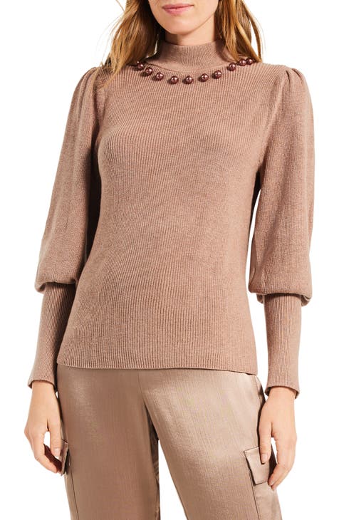 Twilight Embellished Puff Shoulder Mock Neck Sweater