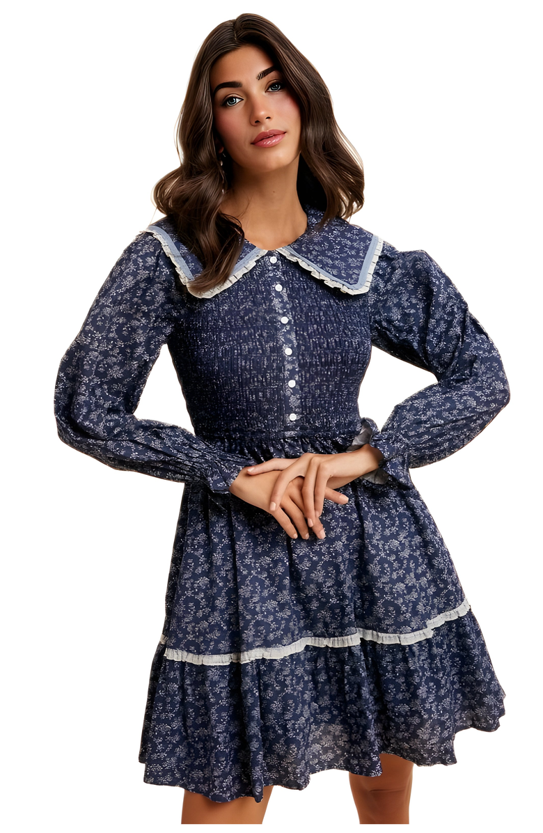 Knit and Lounge Floral Shirred Contrast Collar Mini Dress, Alternate, color, 