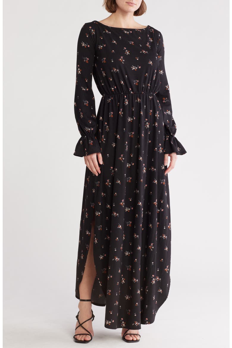 Long Sleeve Knit Maxi Dress, Main, color, BLACK FLORAL RIB PRINT