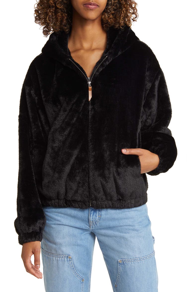 Faux Fur Zip-Up Hooded Jacket, Alternate, color, BLACK