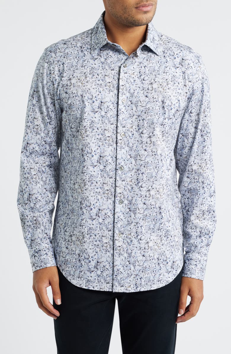 Bugatchi Jimmy OoohCotton<sup>®</sup> Floral Button-Up Shirt, Main, color, Platinum