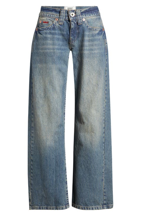 Kayla Low-Rise Wide-Leg Pinstripe Jeans (Blue)