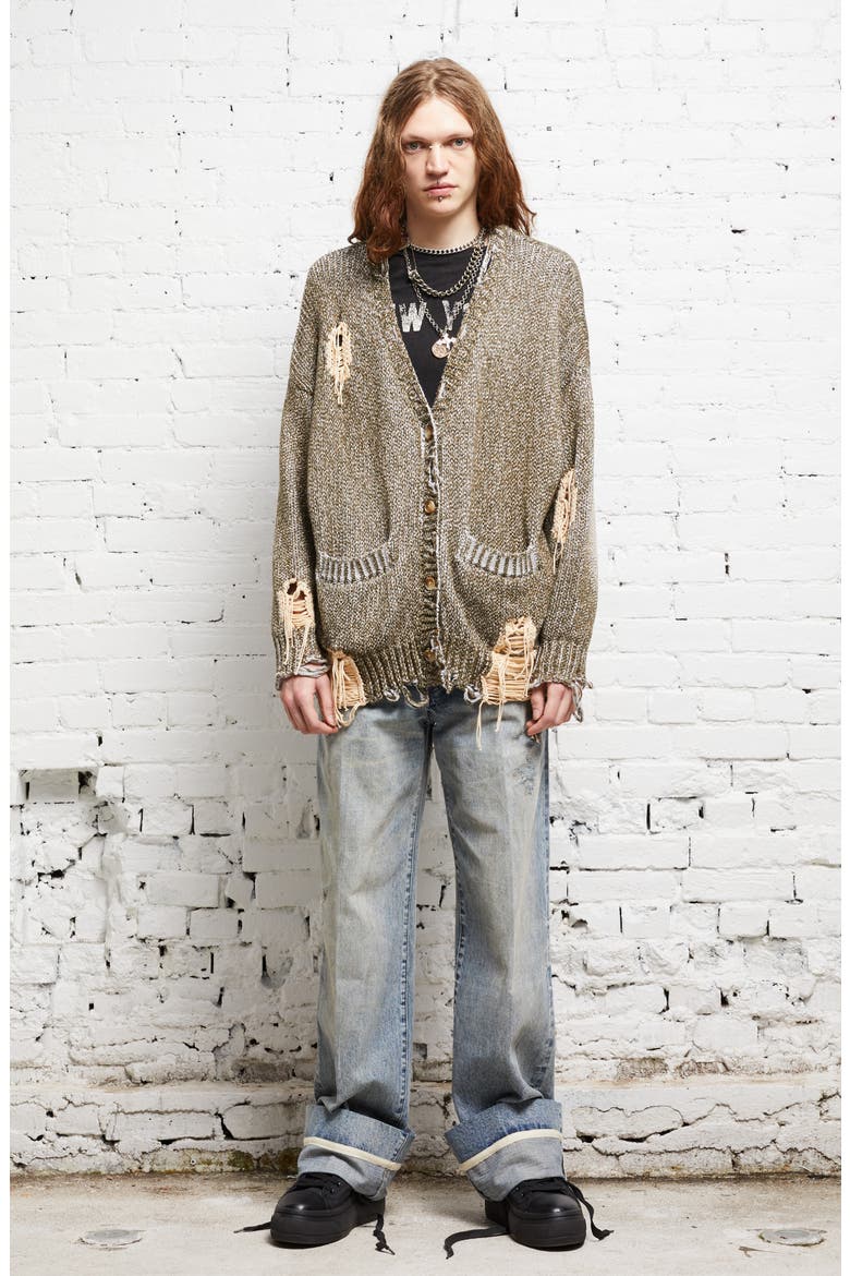 Distressed Oversize Cotton Cardigan, Alternate, color, PRINTED KHAKI TWEED BROWN