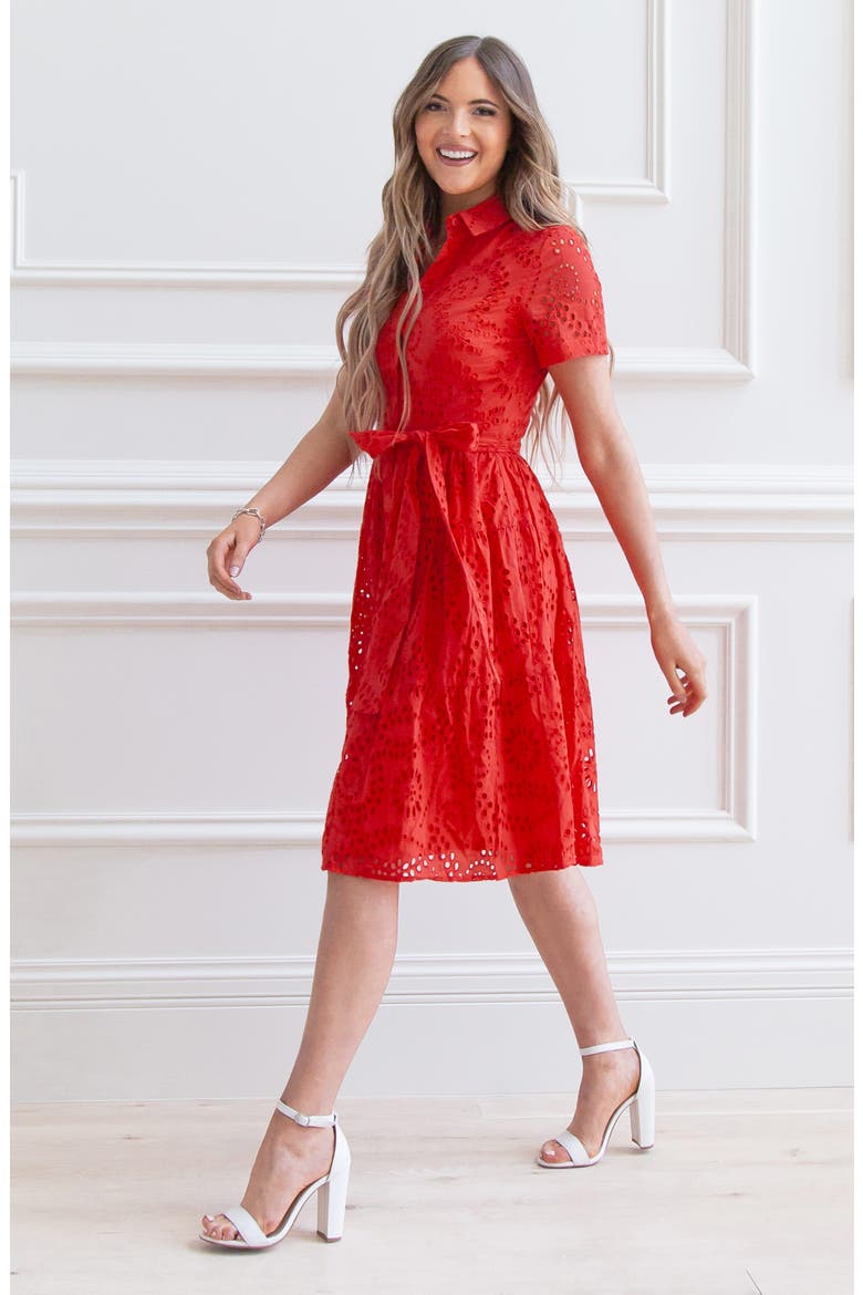 Tiered Eyelet Shirtdress, Alternate, color, RED POPPY