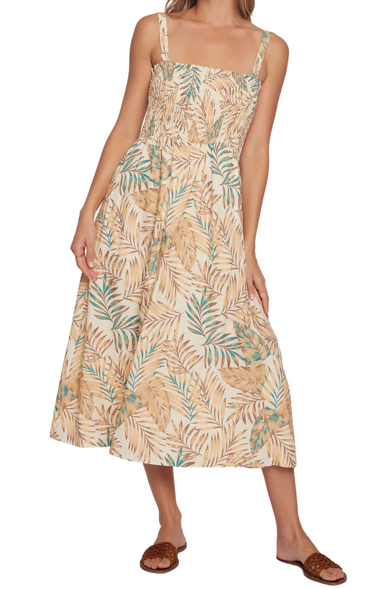 Lost + Wander Anafi Palm Print Smocked Linen Blend Dress, Main, color,