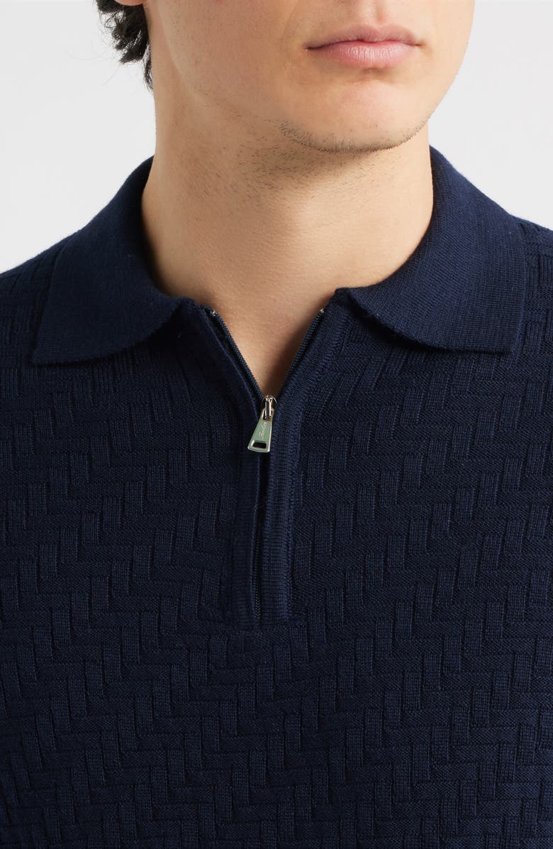 Aurélien Basket Weave Stitch Long Sleeve Cashwool<sup>®</sup> Quarter Zip Polo Sweater, Alternate, color, Navy