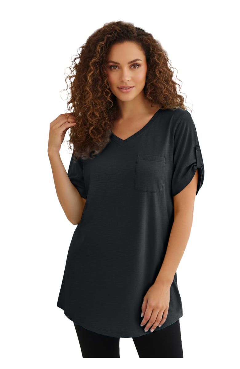 Roaman's Plus Size Slub V-Neck Boyfriend Tunic Top, Main, color, Black