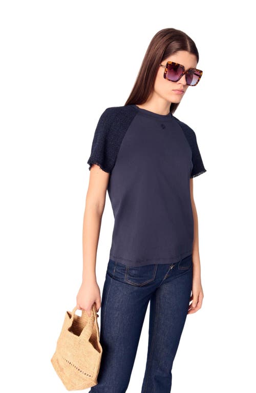 Maje Womens Branded Tweed-sleeved Cotton-jersey T-shirt Bleus