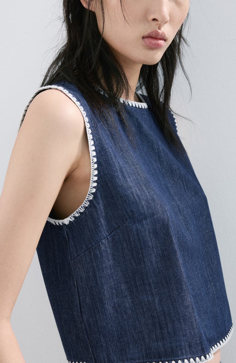 MANGO Whipstitch Detail Denim Tank, Alternate, color, Open Blue