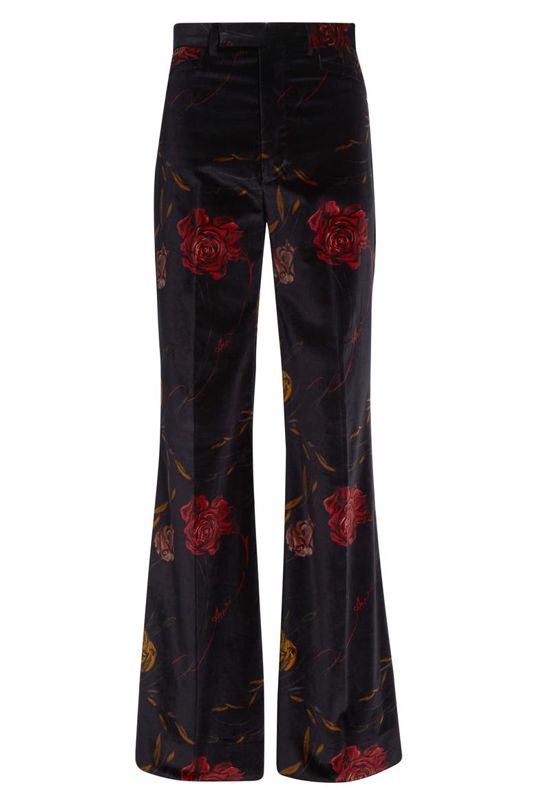 Floral Velveteen Flare Leg Pants, Alternate, color, BLACK