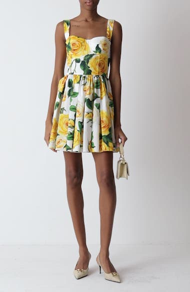 Dolce & Gabbana ローズ コットン ミニ ドレス イエロー Dolce & Gabbana - Yellow Rose Print Stretch Cotton Mini Dress