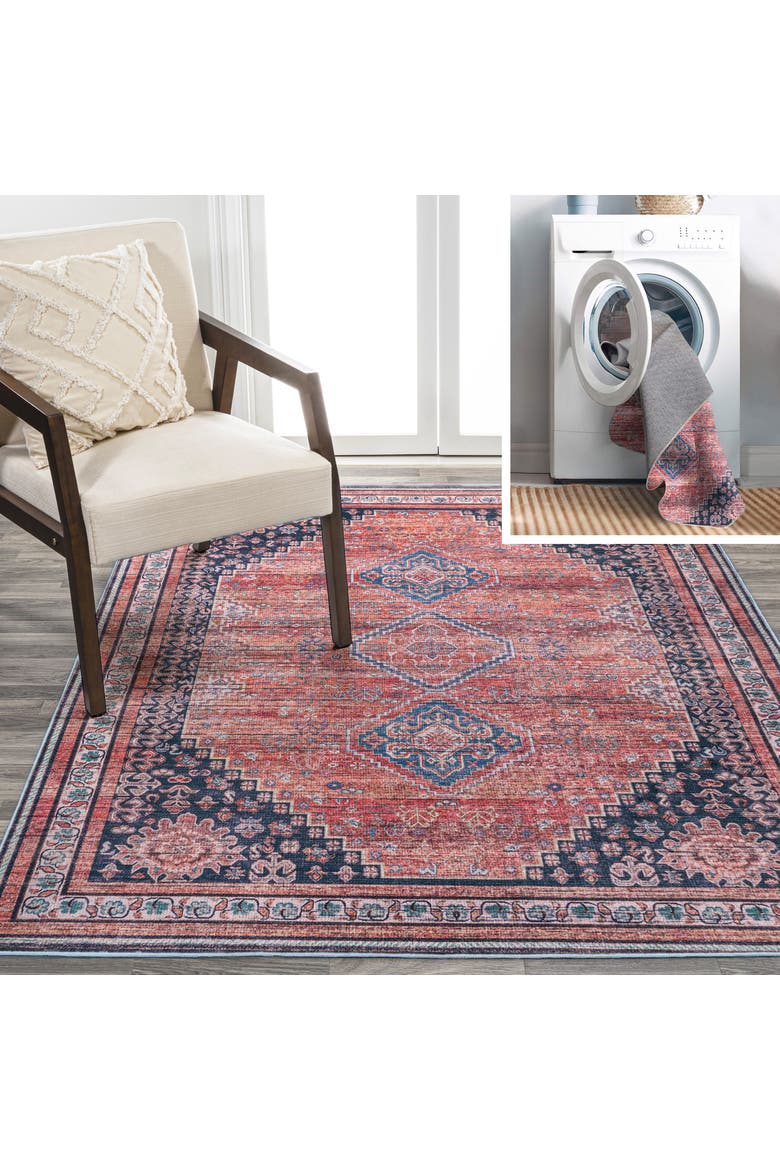 Dalyan Geometric Medallions Machine-Washable Area Rug, Main, color, Terra/Navy-Round