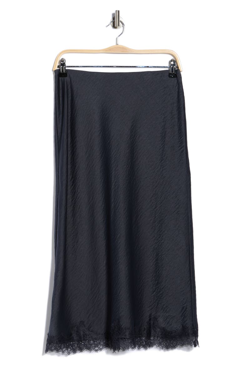 Lace Trim Satin Midi Skirt, Alternate, color, GREY EBONY
