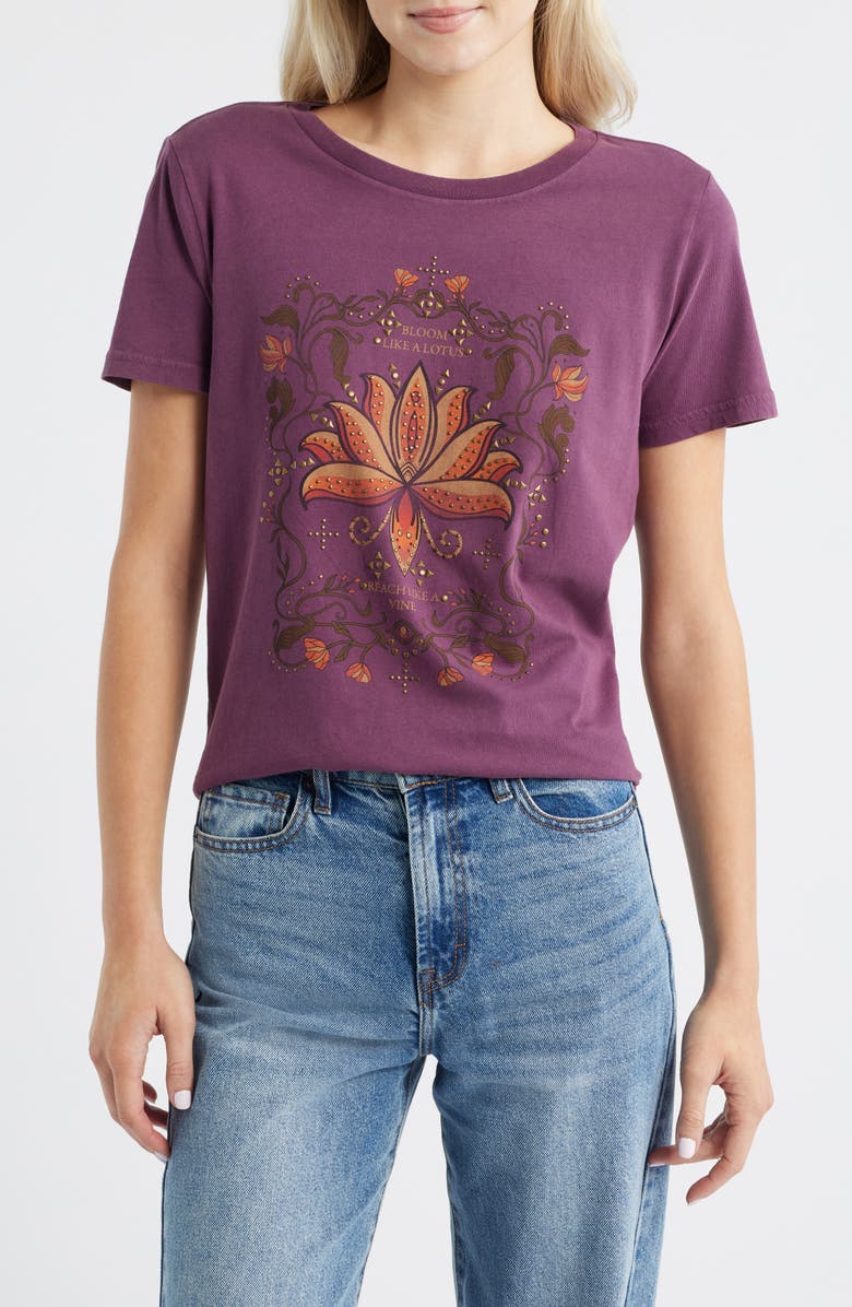 Lucky Brand Studded Bloom Like a Lotus Graphic T-Shirt, Main, color, Hortensia