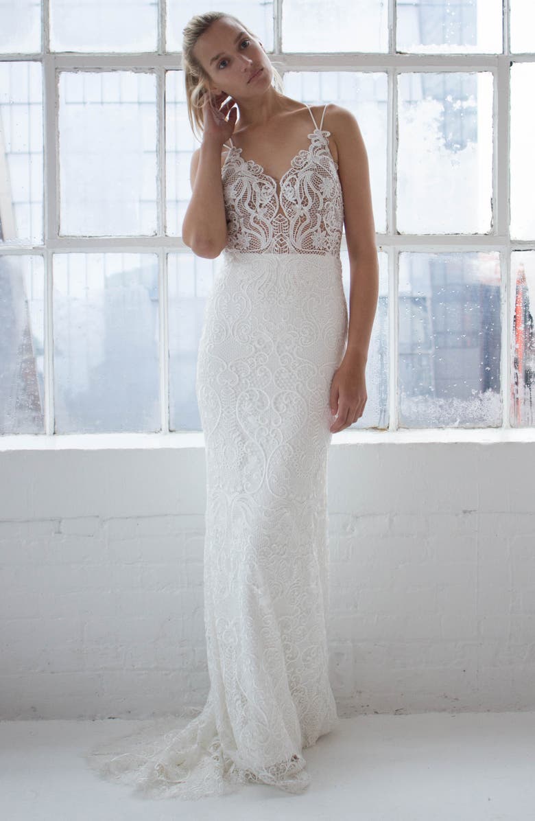 CHOSEN by One Day Jonie Guipure Lace Trumpet Wedding Dress, Alternate, color, 