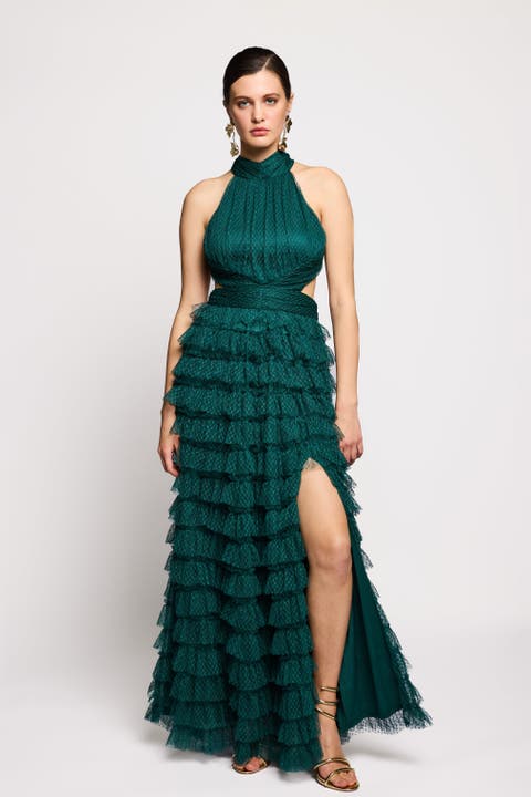 Ruffle Maxi Halter Neck Dress
