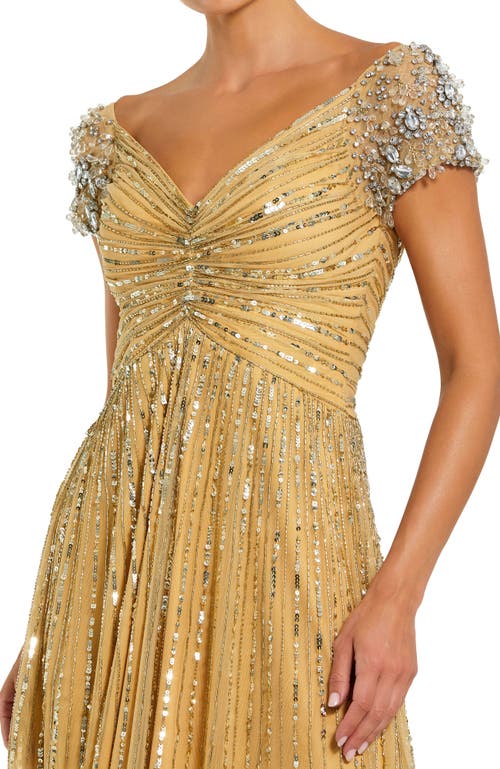 Mac Duggal Striped Sequin Mesh Gown With Beaded Shoulders