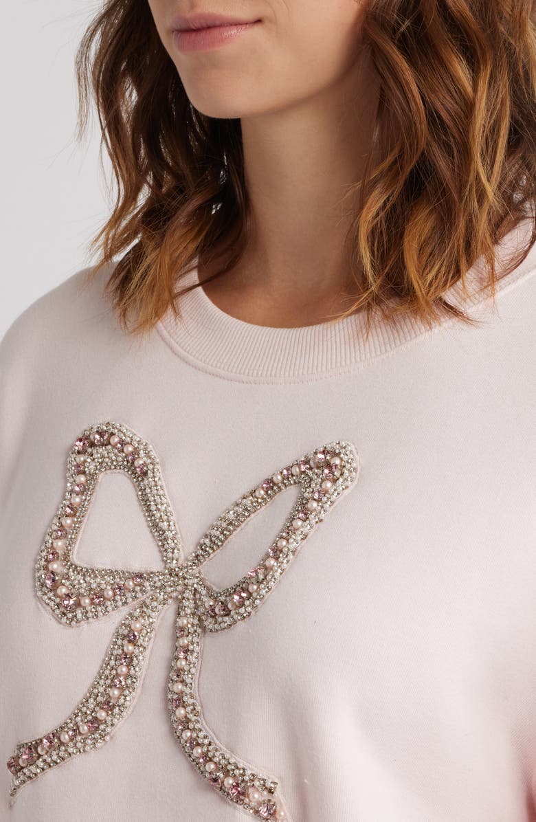 LoveShackFancy Rylan Faux Pearl Embellished Bow Sweatshirt, Alternate, color, Wistful Pink