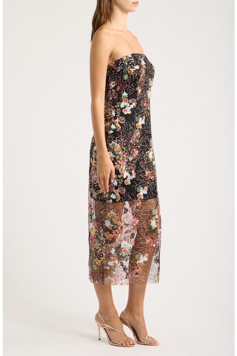 Floral Sequin Strapless Midi Dress, Alternate, color, BLACK MULTI