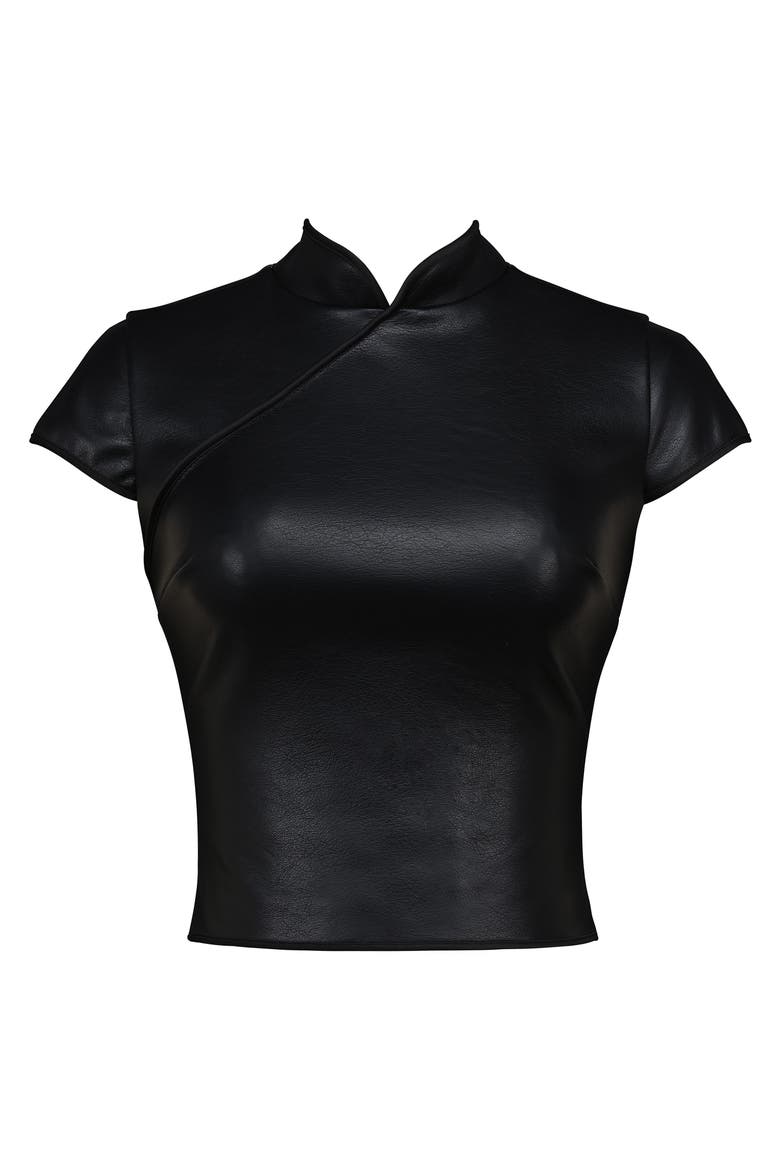 Bobbi Mandarin Collar Faux Leather Crop Top, Alternate, color, BLACK