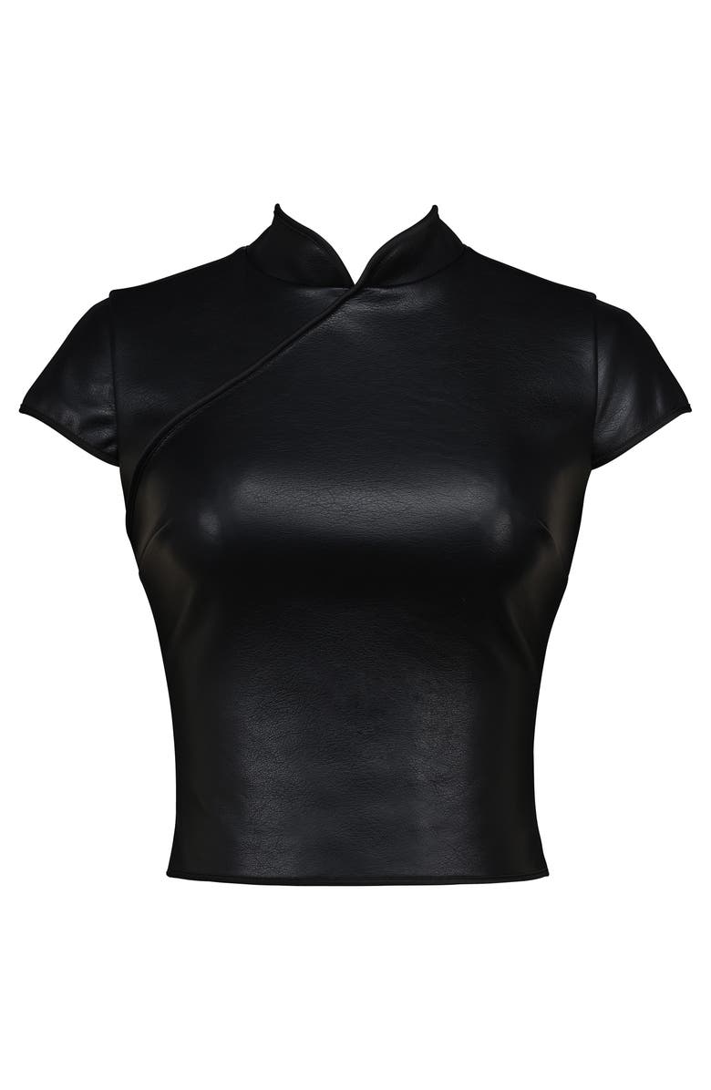 HOUSE OF CB Bobbi Mandarin Collar Faux Leather Crop Top, Alternate, color, Black