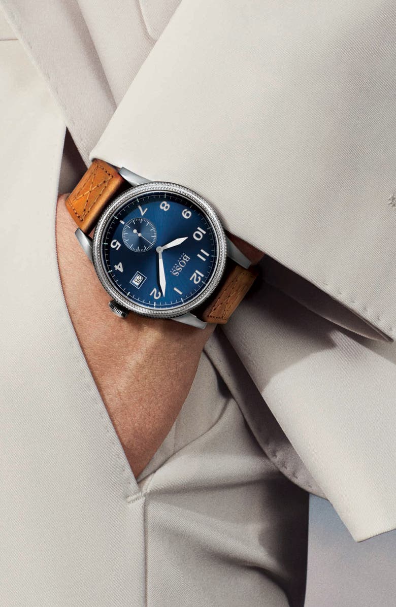 BOSS Legacy Round Leather Strap Watch, 44mm, Alternate, color, 