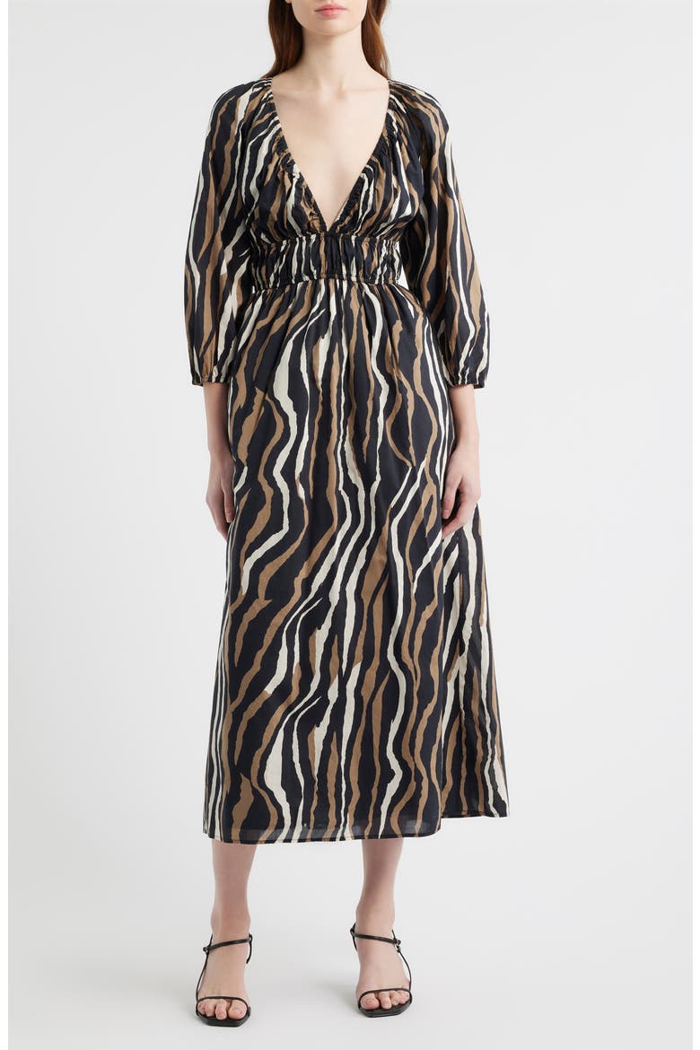 Paio Print Three-Quarter Sleeve Cotton Midi Dress, Main, color, CANYON STRIPE