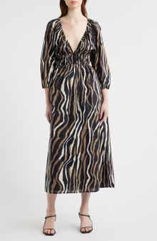 Paio Print Three-Quarter Sleeve Cotton Midi Dress