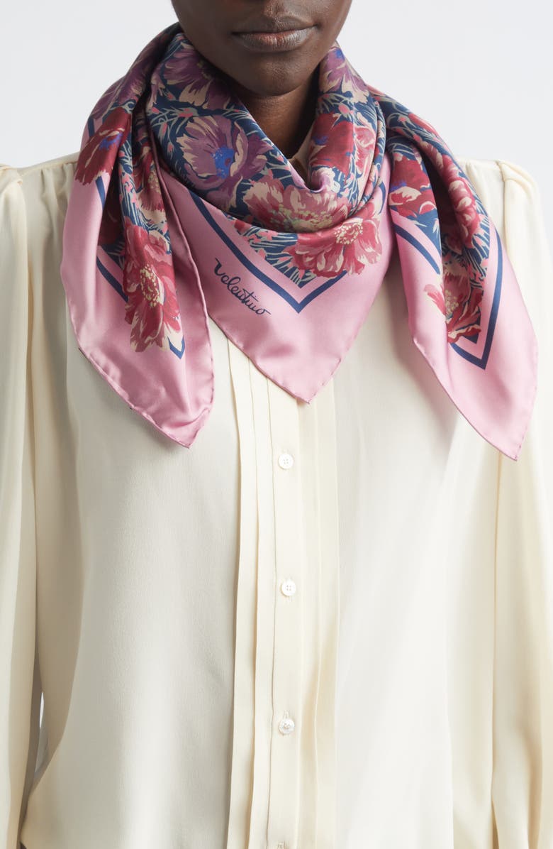 Valentino Garavani Après L'Hiver Poppy Print Silk Square Scarf, Alternate, color, Blue/ Pink