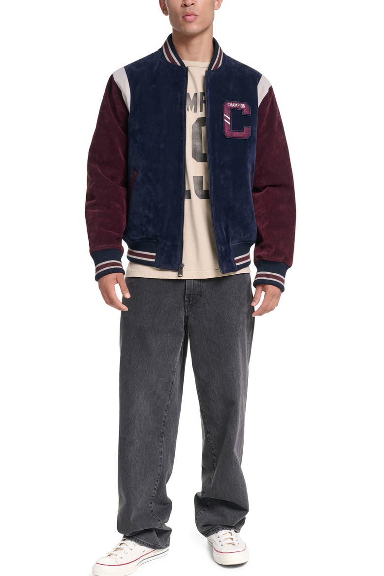 Faux Suede Varsity Bomber Jacket, Alternate, color, NAVY