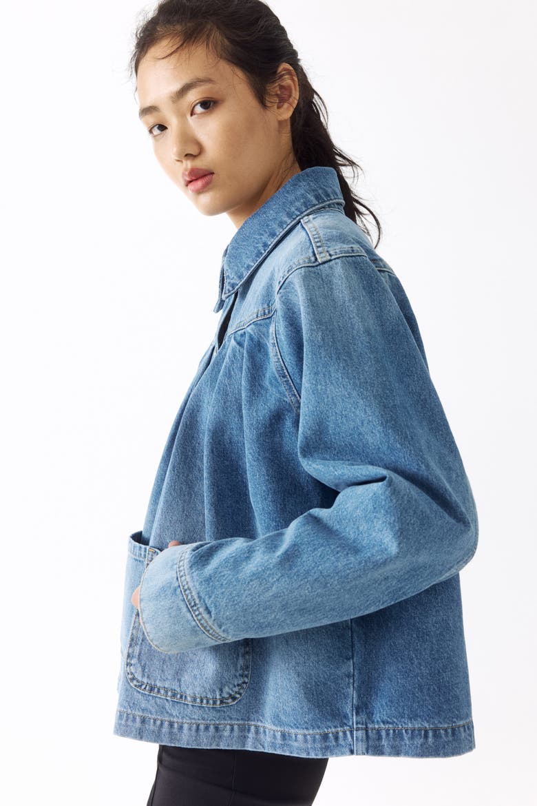 Oversized Pleated Denim Jacket, Alternate, color, Light denim blue